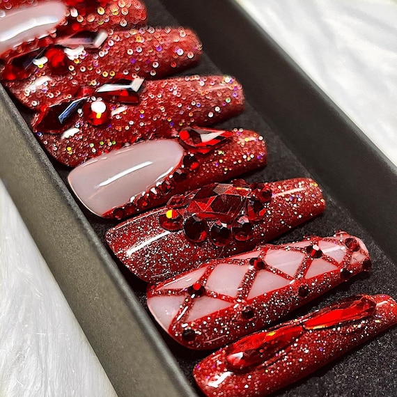 Red HOT Press on Nails, Bling Nails, Reflective Nails, Red Nails, Nail Gems,  Fake Nails, False Nails, Red French Nails, Trendy Nails -  Sweden