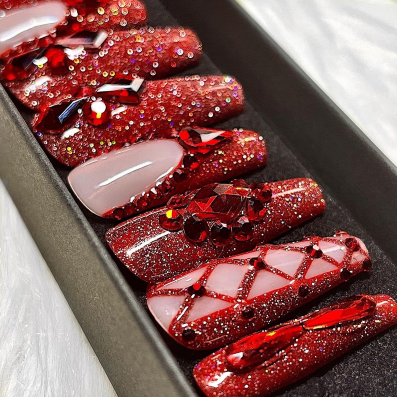 Red HOT Press on Nails, Bling Nails, Reflective Nails, Red Nails, Nail Gems, Fake Nails, False Nails, Red French Nails, Trendy Nails image 1