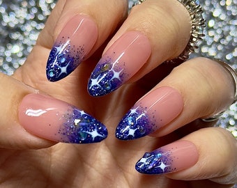 Stardust, Press on Nails , Galaxy Nails, Glitter Nails, Bling Nails, Trendy Nails, Aurora Nails, HAND PAINTED Nail Art