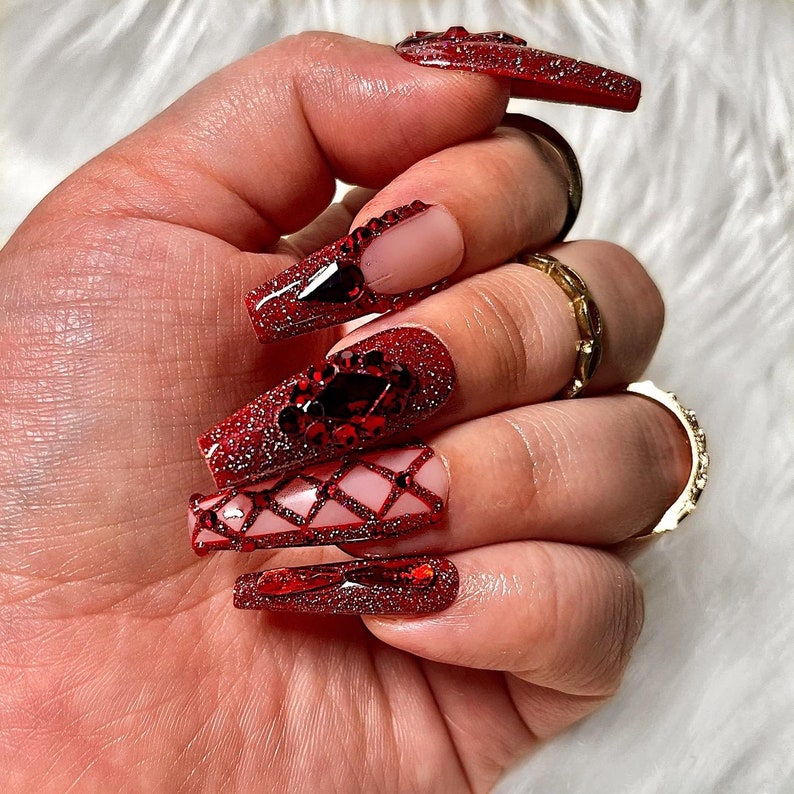 Red HOT Press on Nails, Bling Nails, Reflective Nails, Red Nails, Nail Gems, Fake Nails, False Nails, Red French Nails, Trendy Nails image 6