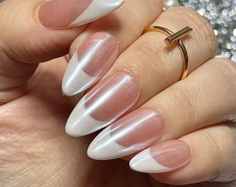 Silky French Press on Nails , French Tip Nails, Chrome Nails, Wedding Nails, Trendy Nails, Pearlescent Nails, Glazed Nails