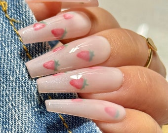 Strawberry Milk, Press on Nails , Milky Pink Nails, Spring Nails, Summer Nails, Trendy Nails, Strawberry Nails, HAND PAINTED Nail Art