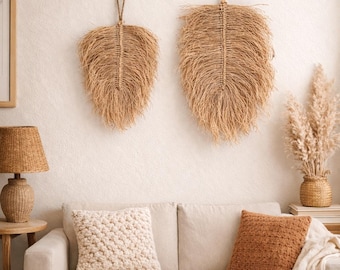 Handgemachte Raffia Blatt Wanddekoration - Boho Wandbehang, natürliche Boho Kunst, 2er-Set