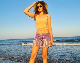 DeepB Pareo Skirt - Purple and White Fringe Pareo Skirt - Purple and White Swimwear Cover up - Festival Clothing