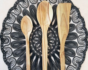 Ensemble d’ustensiles de cuisine faits à la main - 2 pcs Cuillère en bois et spatule - Ustensiles en bois pour cuisiner - Ensemble de spatule et de cuillère de cuisson