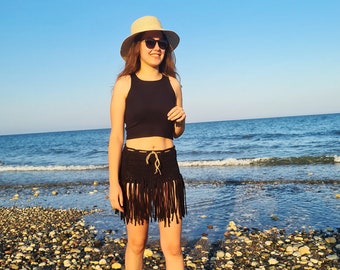 DeepB Pareo Skirt - Black Fringe Pareo Skirt - Black Swimwear Cover up - Festival Clothing