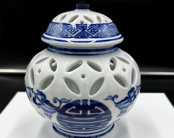 Bombay Co. Cobalt Blue and White Reticulated Small Ginger Jar.