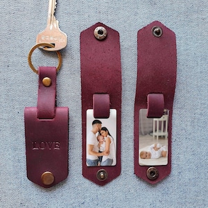 Picture keychain for men, Double photo keychain personalized, Custom keychain for dad, Leather keychain with photo, engraving, text