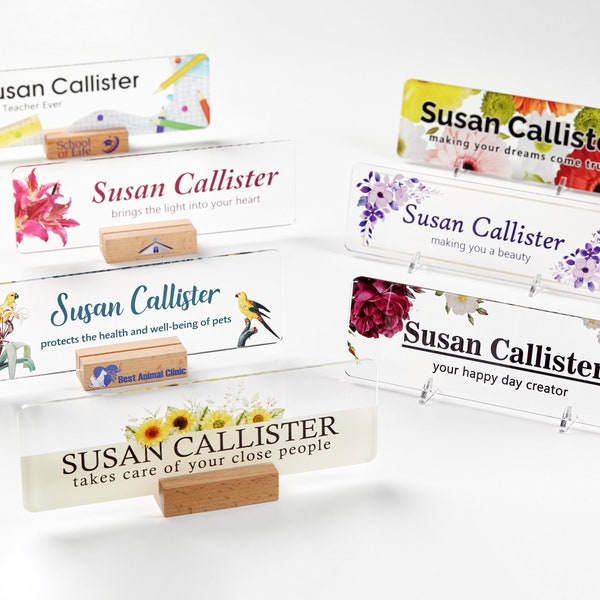 Placa de escritorio para mujer, regalo para compañera de trabajo, letrero floral personalizado para escritorio, accesorios de escritorio de oficina, letrero acrílico personalizado con nombre para escritorio.