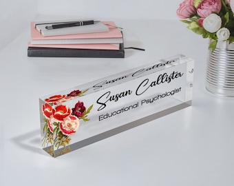 Personalized Desk Accessories, Psychologist Desk Name Plate, Floral Nameplate for Women, Therapist Office Decor, Gift for Psychologist Women