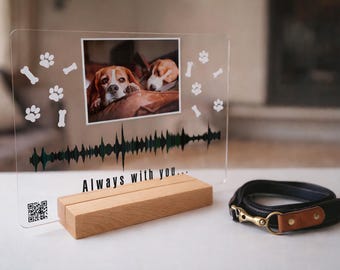 Acrylic Pet Memorial Plaque, Personalized Soundwave Photo Gift, Custom QR Code Dog Keepsake, Wooden Base Memory Decor, Dog Loss Gift