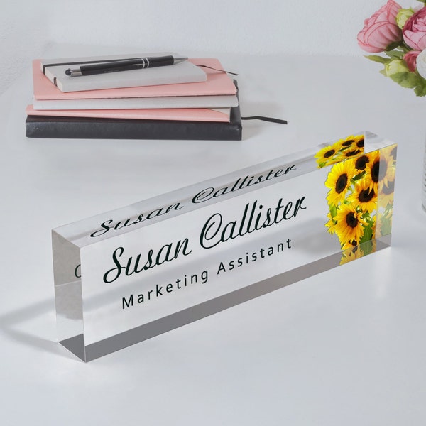 Sunflower desk name plate, Personalized desk sign, Custom desk name, Floral nameplate for woman, Office name sign, Coworker gift, Mom gift
