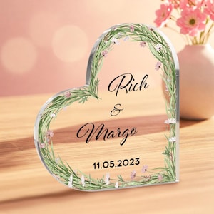 Plaque coeur personnalisée pour mariage, souvenir de Mr et Mme, plaque de mariage avec les noms et la date du couple, plaque coeur en acrylique pour anniversaire