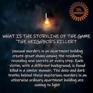 Może przedstawiać: Ciemnoniebieskie tło z żar&oacute;wką świecącą w środku. Tekst "WHAT IS THE STORYLINE OF THE GAME 'THE NEIGHBOR'S KILLER'?" znajduje się w g&oacute;rnej części obrazu. Pod tekstem znajduje się opis fabuły gry. Tekst "70% DIFFICULTY" znajduje się w k&oacute;łku w prawym g&oacute;rnym rogu obrazu.