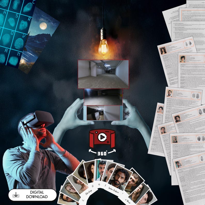Może przedstawiać: Cyfrowy plik do pobrania z 360-stopniowym doświadczeniem wirtualnej rzeczywistości. Obraz przedstawia osobę noszącą zestaw VR, żar&oacute;wkę i serię zdjęć os&oacute;b. Tekst "360" jest widoczny na obrazie.