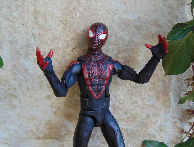 May include: A Miles Morales Spider-Man action figure in a dynamic pose. The figure features a black and red suit with a spider emblem on the chest. The figure's hands and mask details are red, with white eye lenses.