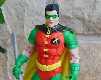 Robin Action Figure, DC Comics Classic 1990s Red and Green Suit, 7 Inch Superhero Collectible, Staff Weapon Figure, Shelf Display Decor