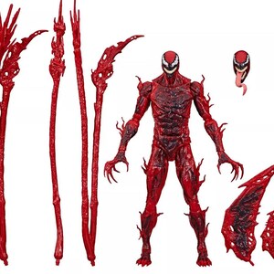 May include: A red action figure of the character Carnage, with multiple interchangeable accessories. The figure has a detailed, textured design and is posed with its arms outstretched. Accessories include multiple red tendrils and wing-like attachments.