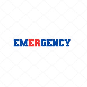 May include: The word "EMERGENCY" in blue letters with the "E" in red.