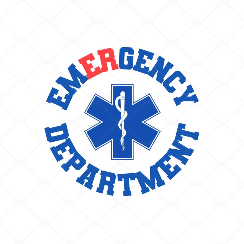 May include: Blue and red text reads "Emergency Department" in a circle around a blue six-pointed star with a white snake and staff symbol in the center.