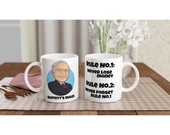 Buffett's Rules White 11oz Ceramic Mug, investing, Warren Buffett, finance, money, wealth, gift