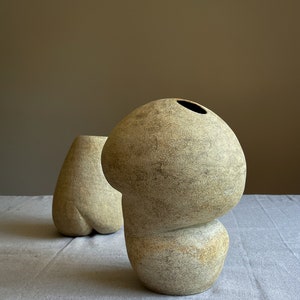 Puede incluir: Dos jarrones de cer&aacute;mica beige con formas org&aacute;nicas. El jarr&oacute;n en primer plano tiene una parte superior bulbosa con una abertura oscura y una base redondeada. El segundo jarr&oacute;n tiene una forma m&aacute;s alargada. Ambos jarrones tienen una superficie texturizada.