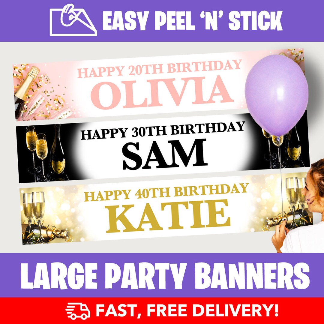 Personalised Birthday Party Banners Champagne 110cm X 21.5cm Design
