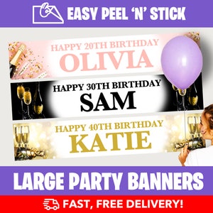 Personalised Birthday Party Banners Champagne (110cm x 21.5cm) + Design Service