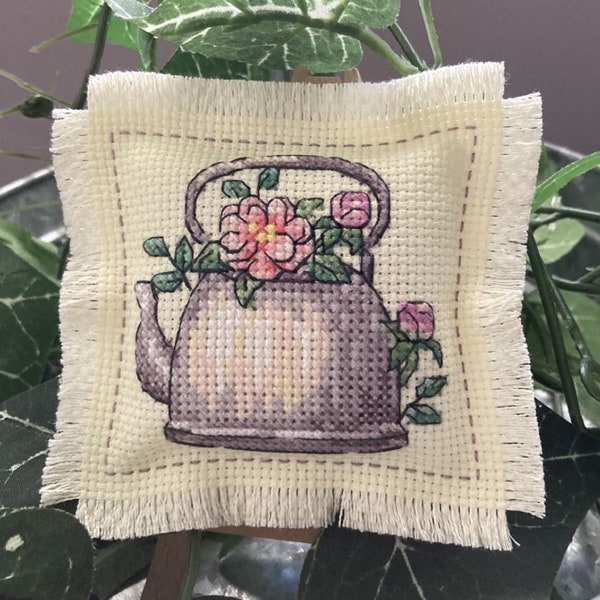 Finished Cross Stitched Mini Pillow -- Spring Miniatures -- Teapot with Peonies