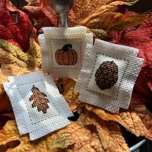 May include: Three small, square, off-white fabric patches with embroidered fall-themed designs: a pumpkin, a pinecone, and an oak leaf. The patches are surrounded by colorful autumn leaves, creating a seasonal display.