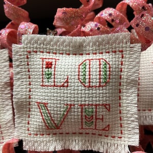 Finished Cross Stitched Mini Pillow -- &quot;LOVE&quot;