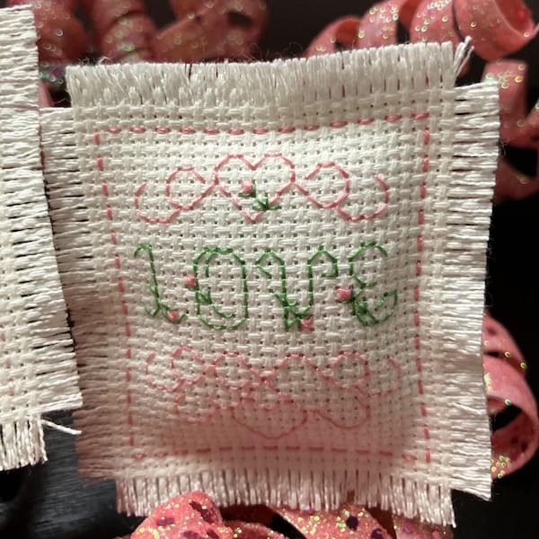 Finished Cross Stitched Mini Pillow -- "LOVE"