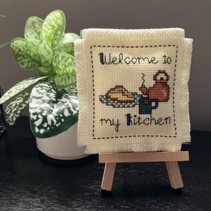 Handmade Cross Stitched Mini Pillow "Welcome to My Kitchen"