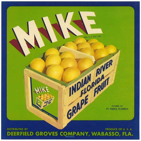 Grapefruit crate label for Mike Brand from Deerfield Groves Company of Wabasso, FL, 1940s - 10x10,12x12 | Digital Download