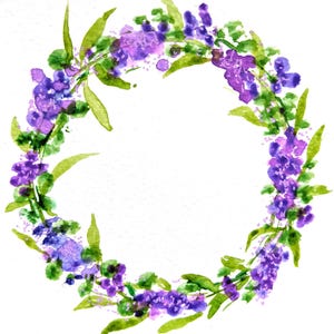Bella ghirlanda di lavanda dipinta a mano con acquerelli, biglietto vuoto