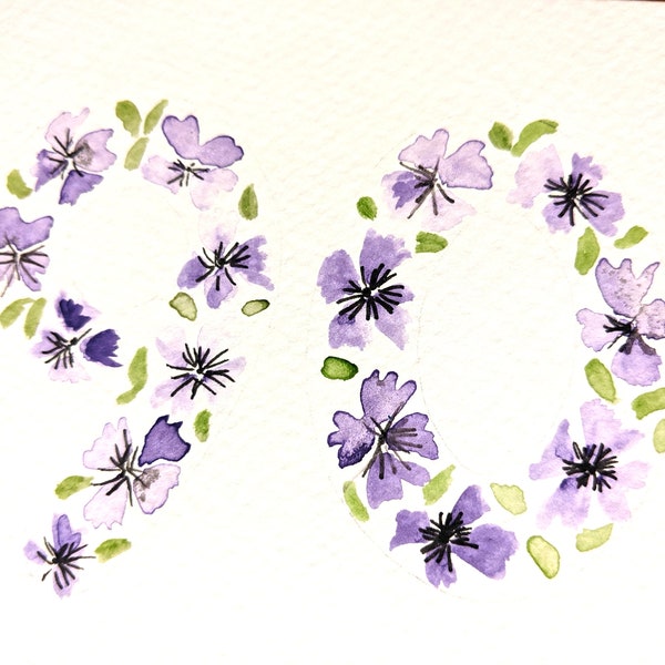 Hand Painted Watercolour 90 Years Milestone Age  Blank Greetings Card