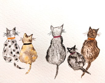 Hand Painted Watercolour Row Of Cute Kittens Blank Greetings Card