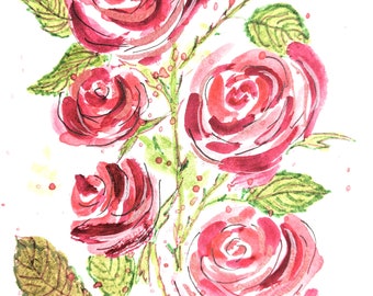 Hand Painted In Watercolours  Roses Blank Card