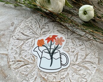 Flowers in a Watering Can Sticker/matte Water Resistant Decal