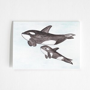 Carte baleine orque | aquarelle faite main | carte orque | nouvelle carte maman | nouvelle carte papa | carte bébé baleine | bébés animaux | jolie carte