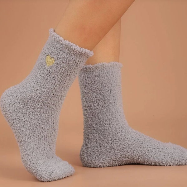 Fuzzy soft cozy gray socks with heart embroidery - GIFT BOX ADDON - self care - spa - friendship gift - post surgery recovery - grey socks