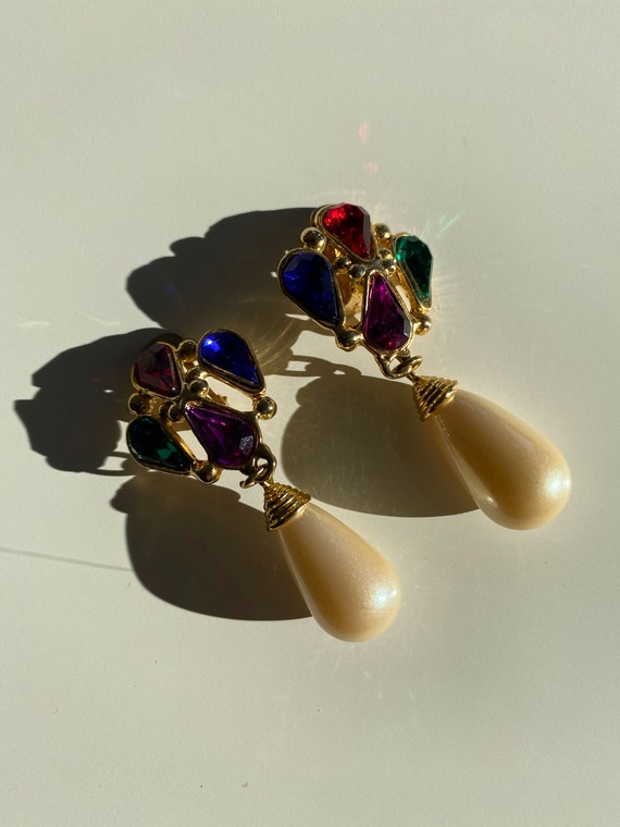 Vintage Multicolor Rhinestone Pearl Drop Clip On E