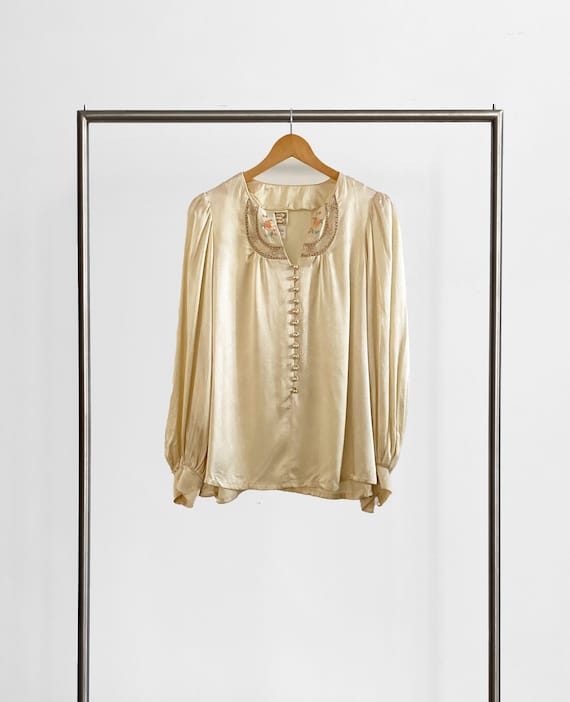 Jessica's Gunnies Cream Satin Blouse With Floral D