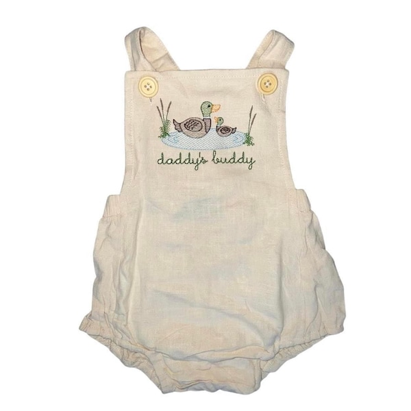 daddy’s buddy embroidered sunsuit, mallard embroidered embroidered sunsuit, bubble romper