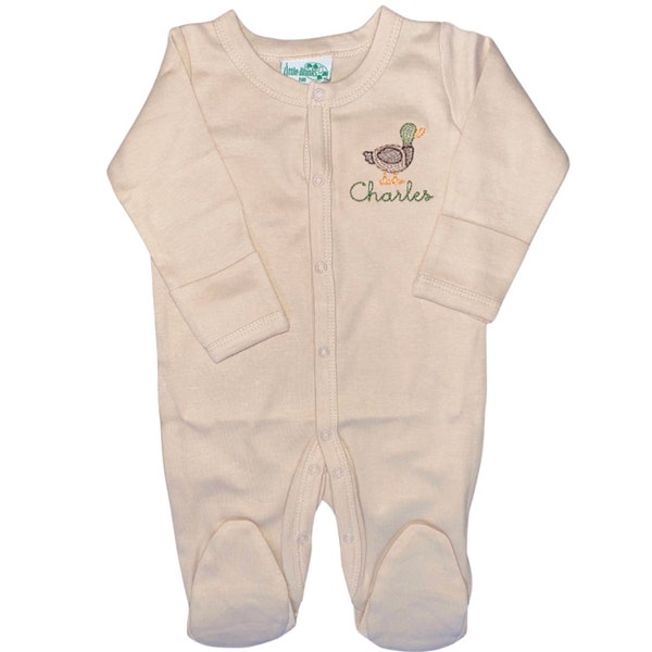 mallard duck footie, coming home outfit, boys coming home outfit, duck Footie, Lucky duck, tan footie