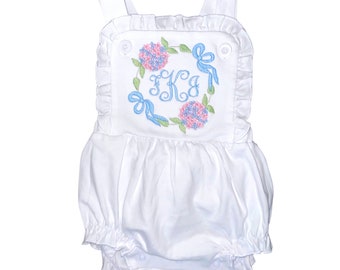 White Ruffle Knit Embroidered Hydrangea Sunsuit Bubble Romper