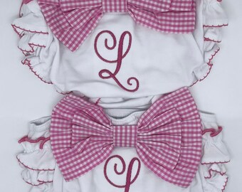 Gingham Bow Monogram  Diaper Cover - Pink