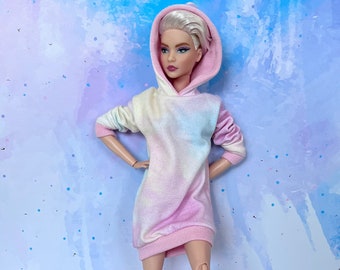 multi pastel dress with hood for 12in doll, colour block long sweatshirt in 1:6 scale, gift for sister, playroom decor accessories