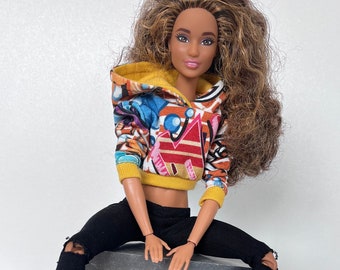 short hoodie for 12 inch doll in urban style, 1:6 scale streetwear, miniature graffiti sweatshirt, gift for girlfriend