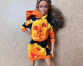 Halloween dress for 12in doll, long hoodie for doll with pumpkin in 1:6 scale, scale model accessories, gift for kids